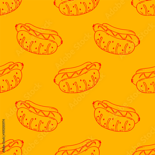 hotdog pattern background. Hot Dog Street Food Pattern background. Hot Dog flat illustration background.