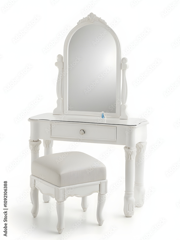 white dressing table on white background, white makeup table, dressing table 