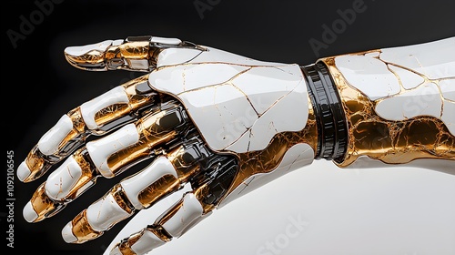 Futuristic robot with a white plaster cast on its leg, hobbling through a neon-lit repair bay, with sparks gently flying from nearby repair tools