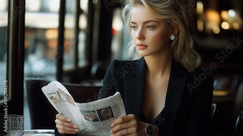 Businesswoman reading newspaper in parisian cafe, contemplating news photo