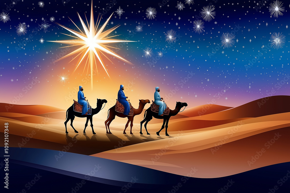 Fototapeta premium Three wise men following christmas star across desert on camels