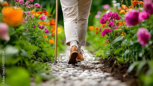 Wallpaper Mural Elderly woman recovering from a leg injury, cane in hand, stepping carefully down a garden path, vibrant flowers on both sides, calm demeanor Torontodigital.ca