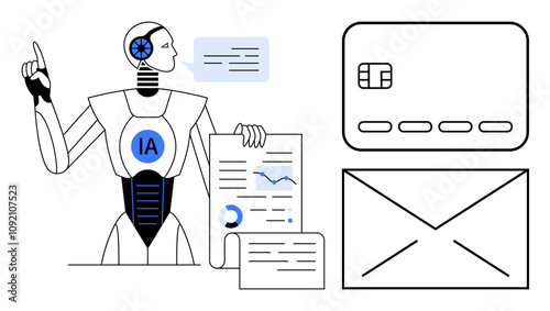 Robot with IA label holding charts and graphs, overseeing credit card and envelope. Ideal for AI, automation, finance, business, technology, productivity and management concepts. Line metaphor