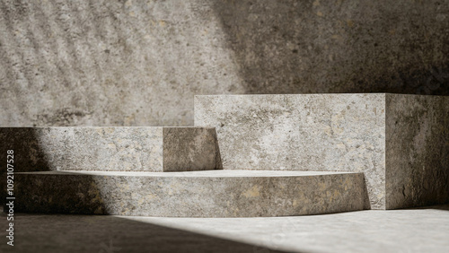 A stone structure podium product placement scene premium photo 3d render. The structure is in a room with sunlight is shining on it. Scene is calm and serene, as the sunlight