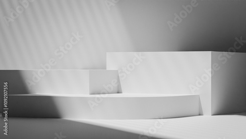 A stone structure podium product placement scene premium photo 3d render. The structure is in a room with sunlight is shining on it. Scene is calm and serene, as the sunlight