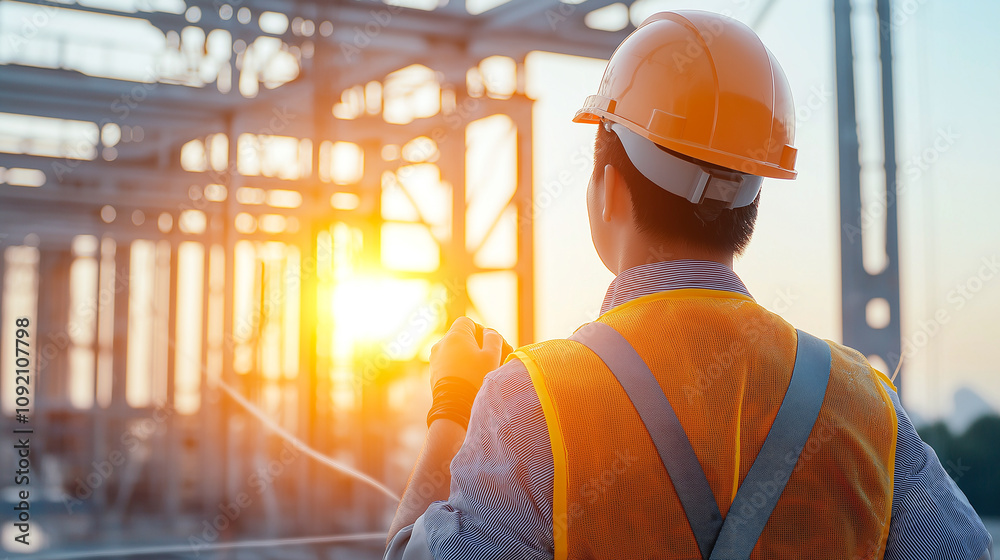 Asian male worker wearing safety helmet and vest observes construction site at sunset, highlighting industrial setting and safety measures Asian male worker wearing safety helmet and vest observes construction site at sunset, highlighting industrial setting and safety measures