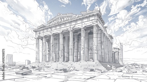 Ruined ancient Greek temple  architectural sketch.