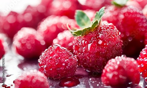 Closeup of Fresh Ripe Red Raspberries with Water Drops Epitomizing Freshness and Natural Sweetness : Generative AI