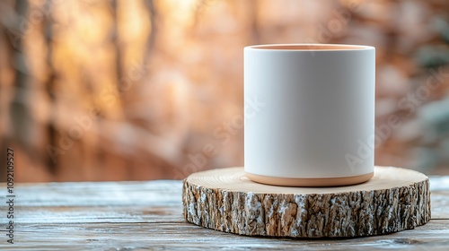 Cozy ceramic mug on rustic wood slice forest background lifestyle photography natural setting close-up perspective