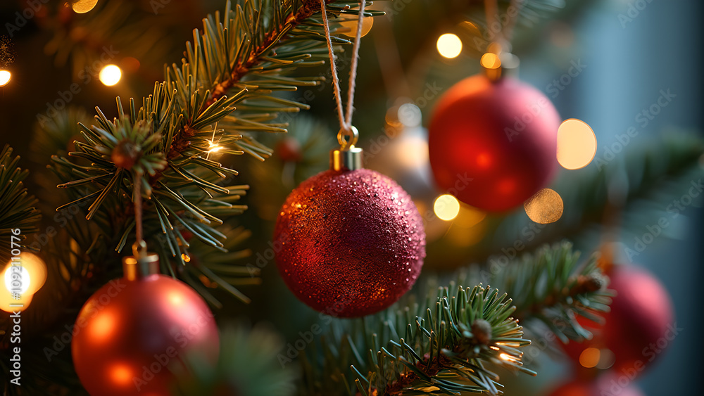 Red Christmas baubles on a decorated Christmas tree. Concept of winter holidays, celebration, and festive season.