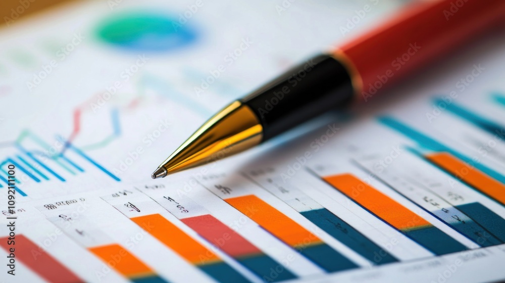 Fototapeta premium A red pen resting on a chart, with data analysis and graphs displayed.