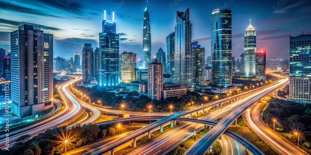 Fototapeta premium Urban Skyline at Dusk with Intertwined Highways, Night Photography, Cityscape , Shanghai