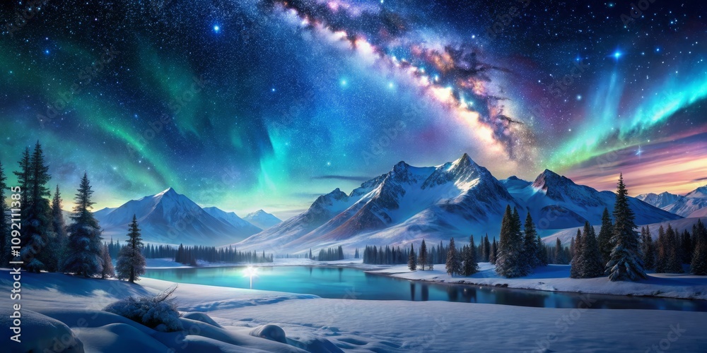 Fototapeta premium Snowy Mountains under a Starry Sky with Milky Way and Aurora Borealis, winter wonderland, night sky