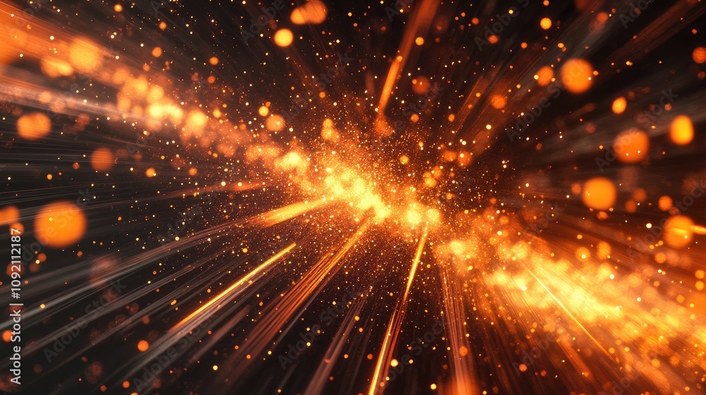 Fototapeta premium Glowing Particles Burst Radiate Light Beams, Shimmering Dust Creates Festive Abstract Background