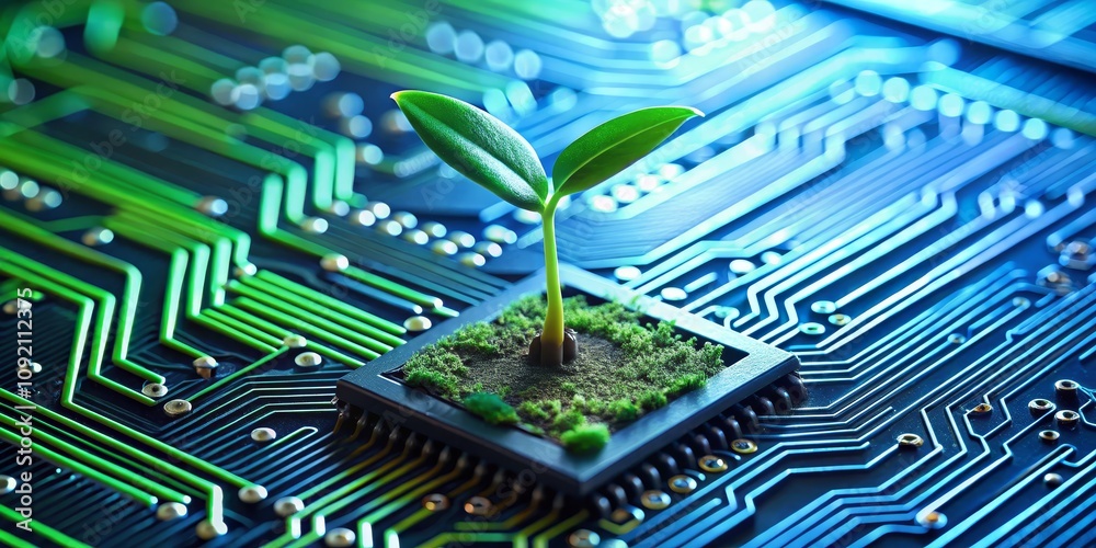 Fototapeta premium Green Sprout Growing on a Circuit Board, Technology, Nature , Sustainability