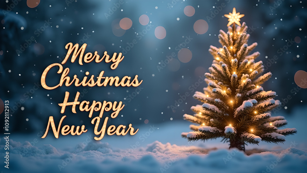 Merry Christmas and Happy New Year greeting card with a decorated tree. Concept of winter holidays, celebration, and joy. Merry Christmas and Happy New Year greeting card with a decorated tree. Concept of winter holidays, celebration, and joy.