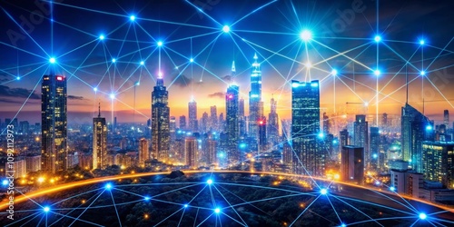 Wallpaper Mural Global Network Cityscape with Blue Lines and Glowing Nodes, smart city, network connection Torontodigital.ca