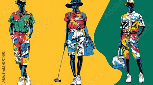 Three Stylish Individuals in Colorful  Golf Attire