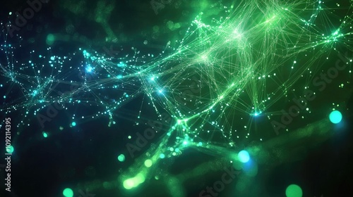 Abstract Green Network: Nodes Connect, Forming a Complex System, Glowing Brightly in the Dark. Digital Art, Futuristic Technology, Network Visualization.