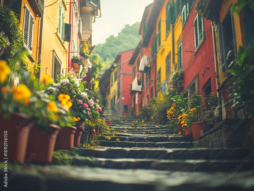 Fototapeta premium Colorful alleyway lined with flowers and stone steps in a quaint village.