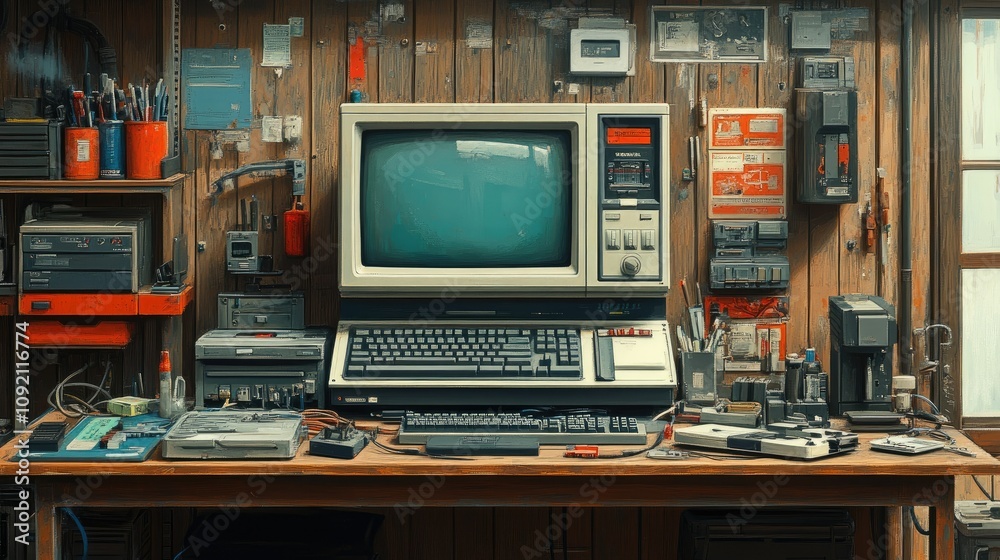 A retro computer setup on a cluttered workbench with various tools and gadgets. A retro computer setup on a cluttered workbench with various tools and gadgets.