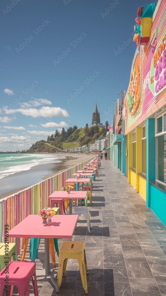 Fototapeta premium Colorful beachfront promenade with tables and vibrant buildings.