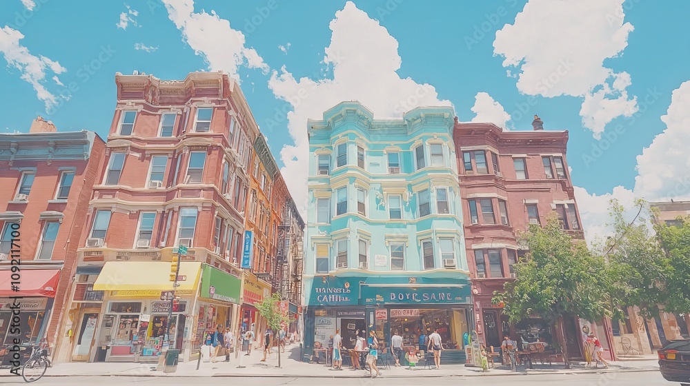 Obraz premium Colorful buildings and shops under a bright sky in an urban setting.