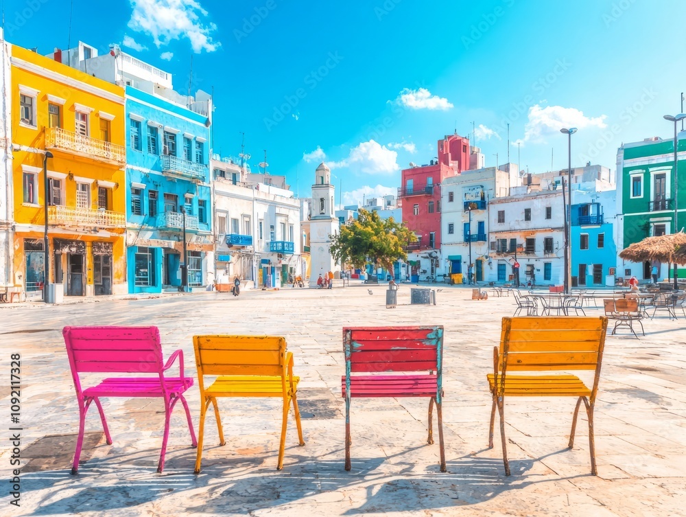 Obraz premium Colorful chairs in a vibrant plaza with historic buildings and blue skies.
