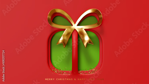 Merry Christmas and Happy New Year. Paper cut and embossed design Christmas gift shaped and golden bow, vibrant green color inside, red background. Xmas minimal gift box. vector illustration