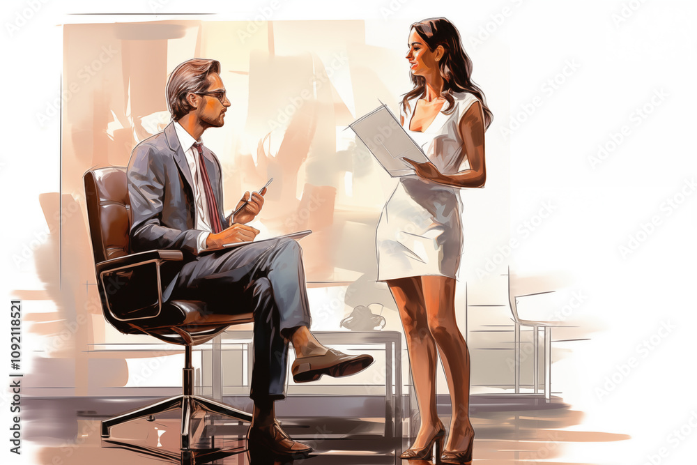 Obraz premium Business Meeting: Man and Woman Discussing Documents
