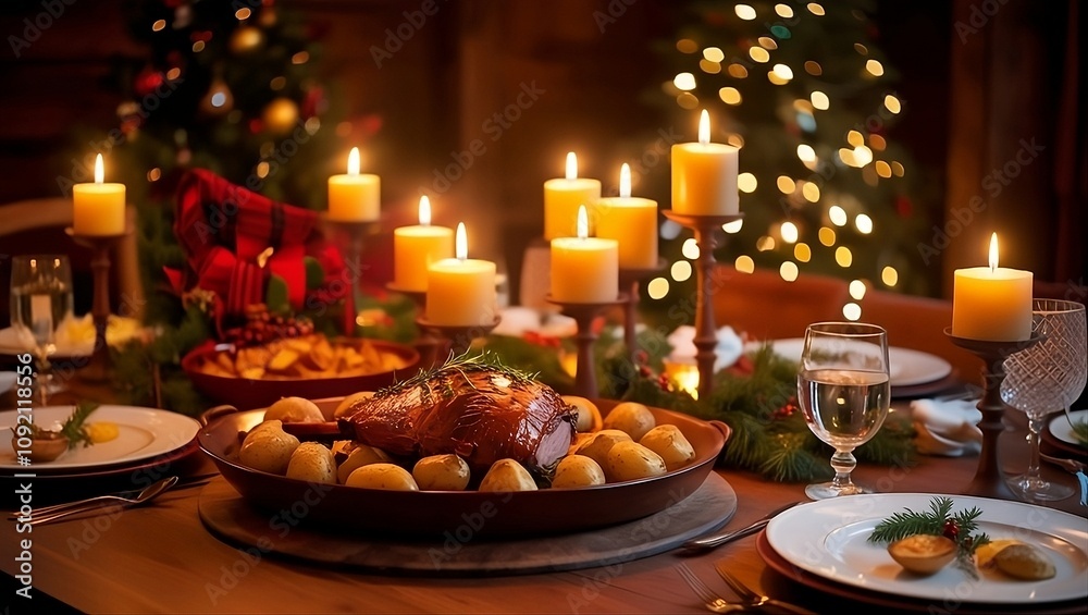 Christmas Feast with Roasted Meat, Potatoes, and Festive Decor Under Twinkling Tree Lights Christmas Feast with Roasted Meat, Potatoes, and Festive Decor Under Twinkling Tree Lights