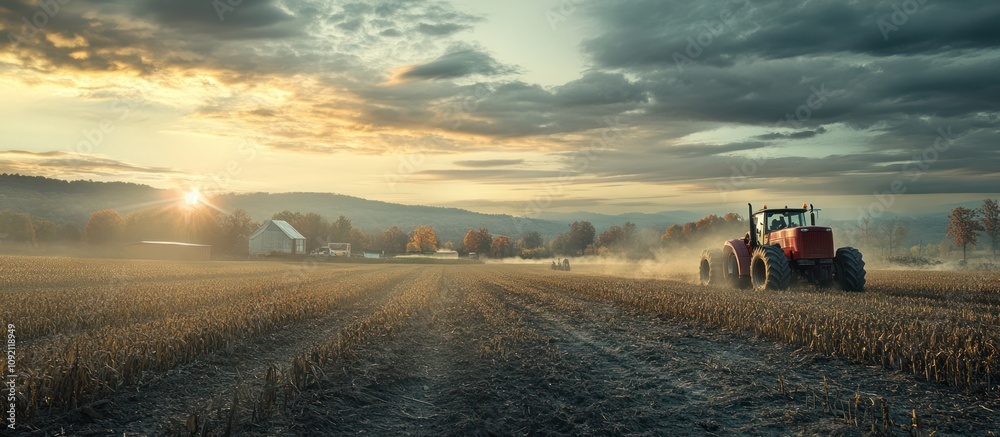 Fototapeta premium A red tractor working a field at sunrise. The sun peeks through the clouds as the tractor churns up the soil.