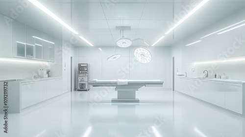 Sterile operating room with sleek, modern equipment, bright lights, and minimal decor