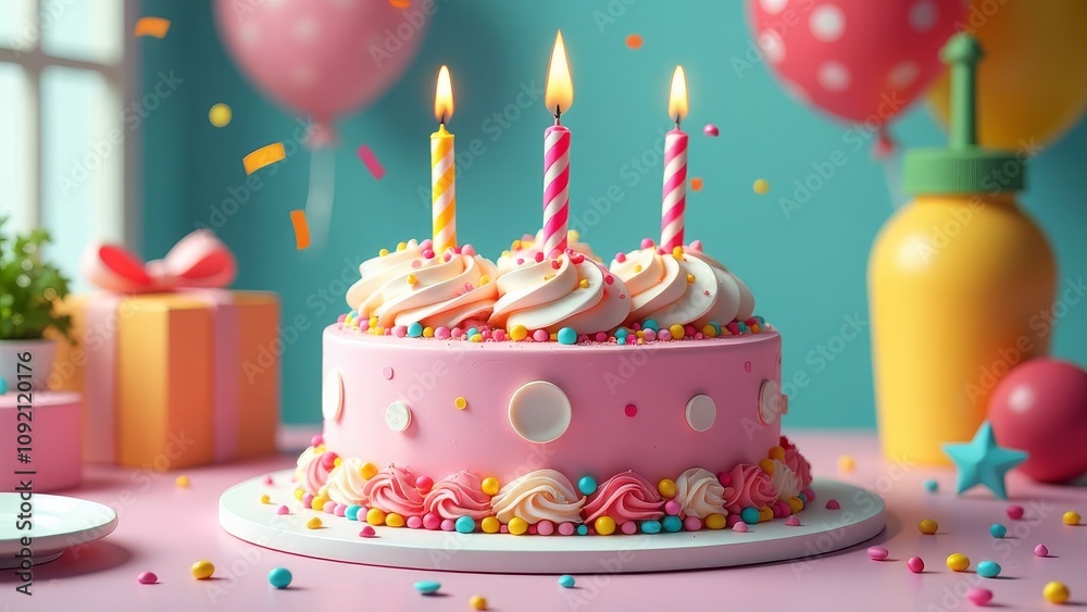 A pink birthday cake with three candles on top and a cupcake on the right A pink birthday cake with three candles on top and a cupcake on the right
