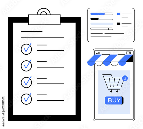 A digital shopping basket on a mobile phone screen with buy button and 3 notifications, a checklist with checkmarks on clipboard, and an analytics dashboard. Ideal for e-commerce, productivity, task