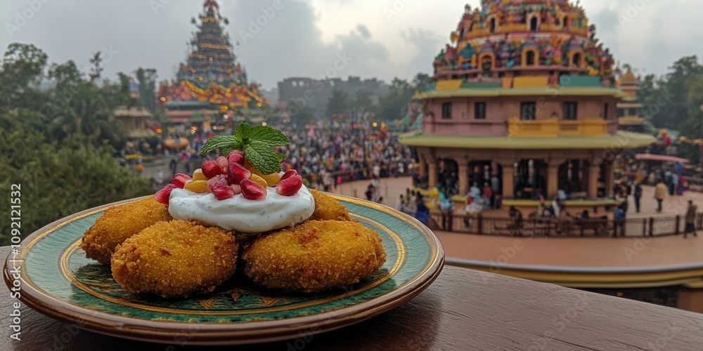 Obraz premium Delicious Aloo Tikki with Yogurt and Pomegranate on Green Plate with Historic Indian Temple Background in Beautiful Scenic Setting of Cultural Significance