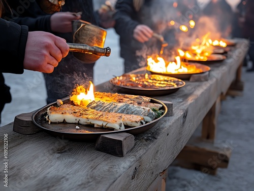 A Nordic Yule feast in a Vikingstyle longhouse with torches and drinking horns photo