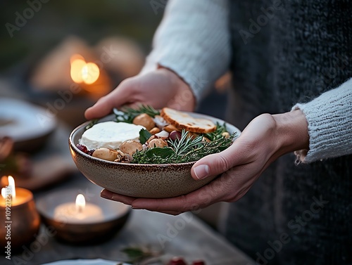 A Nordic Yule feast in a Vikingstyle longhouse with torches and drinking horns photo