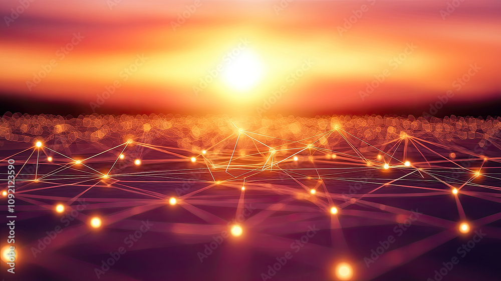 Fototapeta premium vibrant sunset illuminates network of glowing connections, creating stunning visual