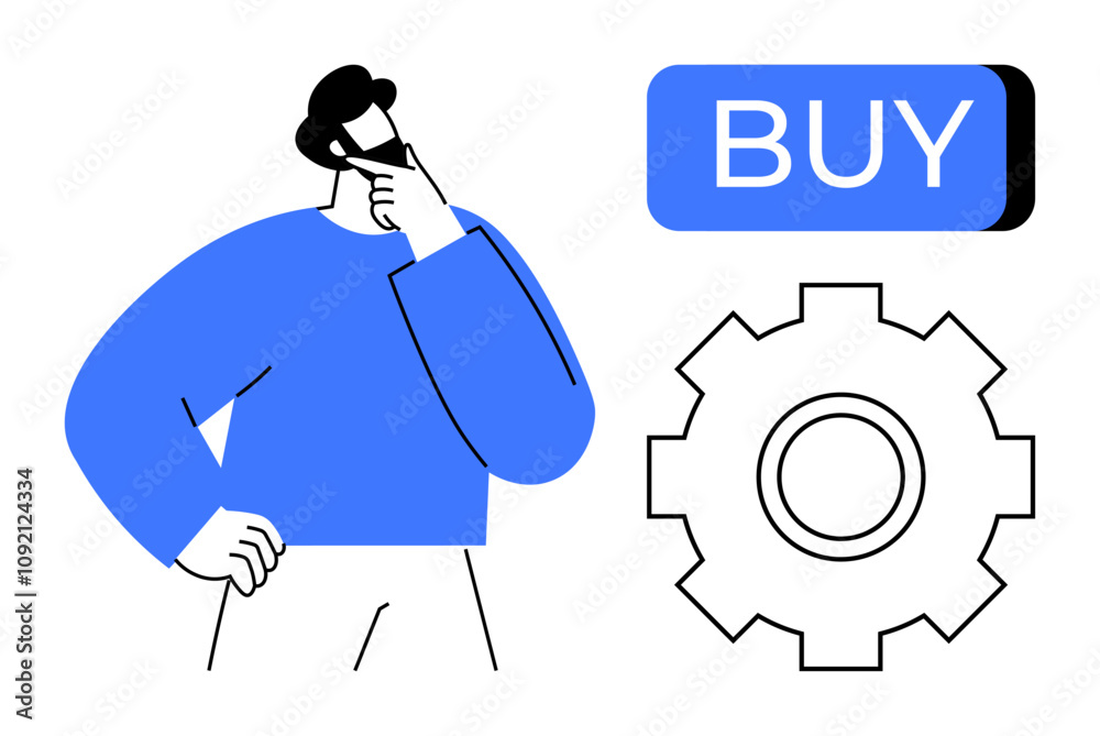 Thoughtful person holding chin considering buying options next to gear icon and prominent blue buy button. Ideal for e-commerce, decision making, online shopping, business strategy, user interface Thoughtful person holding chin considering buying options next to gear icon and prominent blue buy button. Ideal for e-commerce, decision making, online shopping, business strategy, user interface