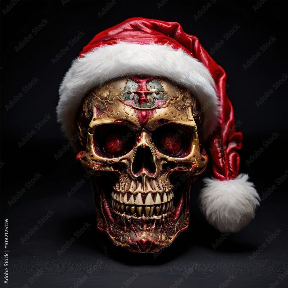 the AI Image Generator, Skull in a hat of Santaclaus on a black background.