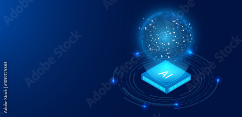 Vector illustration artificial intelligence with computing technology. Blue futuristic sci fi isometric