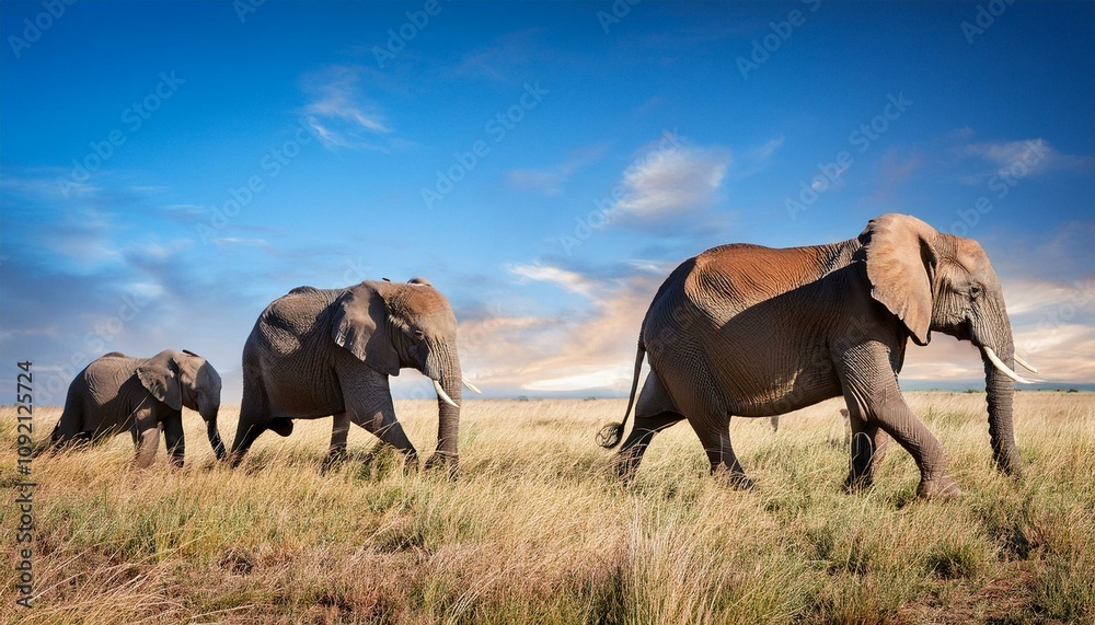 Fototapeta premium Elephants Walking Through Savanna at Sunset, Peaceful Family of Giants, Grassy Plains at Golden Hour, Gentle Wildlife Beauty, Majestic Elephants in Wild Nature, African Savanna Scene