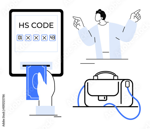 Human hand inserting blue banknote into slot of machine displaying HS CODE, man pointing upwards, black briefcase with blue strap. Ideal for business, finance, tech, travel, commerce, presentations