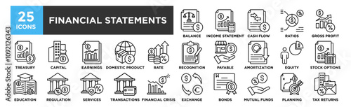 Financial Statements icon collection set. Containing design Income Statement, Balance Sheet, Cash Flow Statement, Financial Ratios, Gross Profit