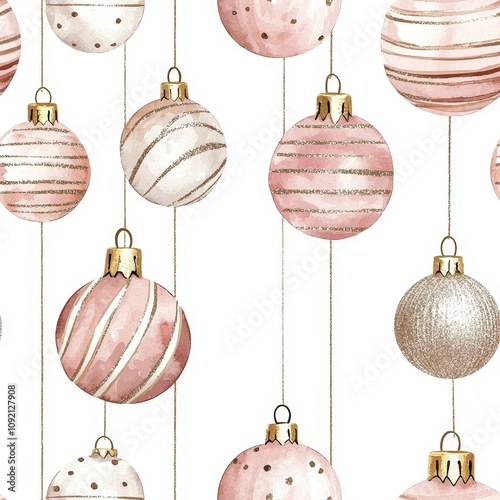 A collection of elegant, pink and silver Christmas ornaments hanging against a white background, perfect for festive decor.