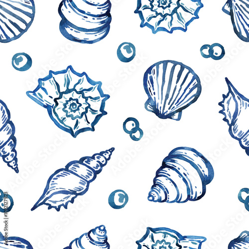 Seashell Seamless pattern hand drawn with watercolor. For textile, fabric, wallpaper, banners, cards and so on