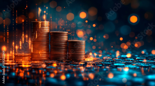 A stack of coins is shown in a blurry, colorful background