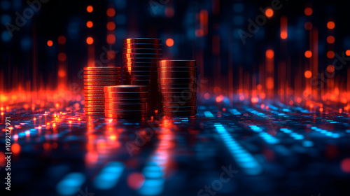 A stack of coins is on a dark background with a blue and red glow