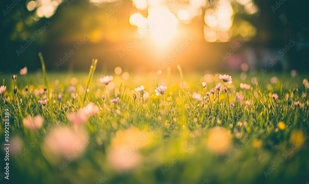 Fototapeta premium Springtime Flowers Bloom in Lush Green Grass Under a Golden Sunset